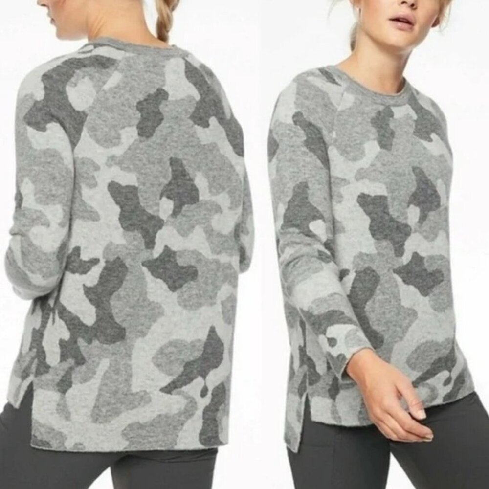 Athleta Undercover ALPACA MERINO WOOL Women’s‎ Grey Camo Pullover Sweater SMALL